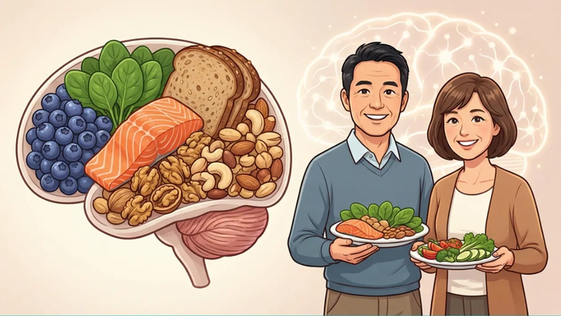 뇌 모양의 접시에 담긴 블루베리, 시금치, 연어, 견과류 등 뇌 건강 식재료를 행복하게 바라보는 50대 남녀. 치매 예방에 좋은 음식들.