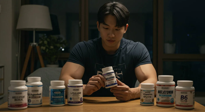 다양한 영양제 중 멜라토닌 영양제를 들고있는 남성 이미지