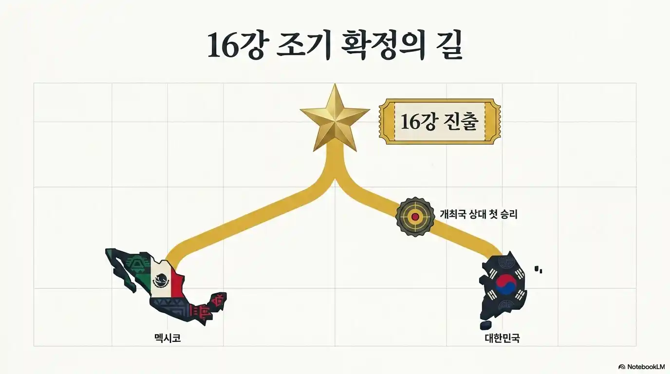 멕시코와 대한민국 지도를 배경으로 개최국 상대 첫 승리 시 16강 조기 확정으로 이어지는 경로 일러스트
