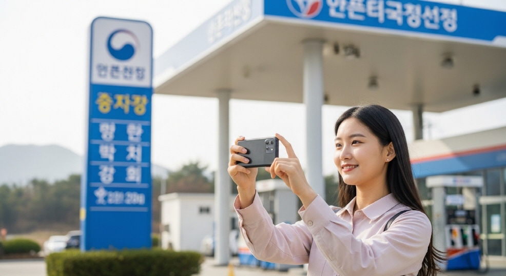 주유소 간판 앞에서 사진 찍는 젊은 여성