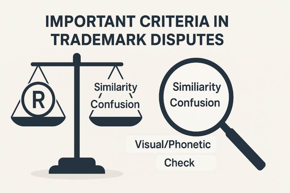 저울&middot;돋보기로 상표 유사성 판단 요소를 표현한 인포그래픽