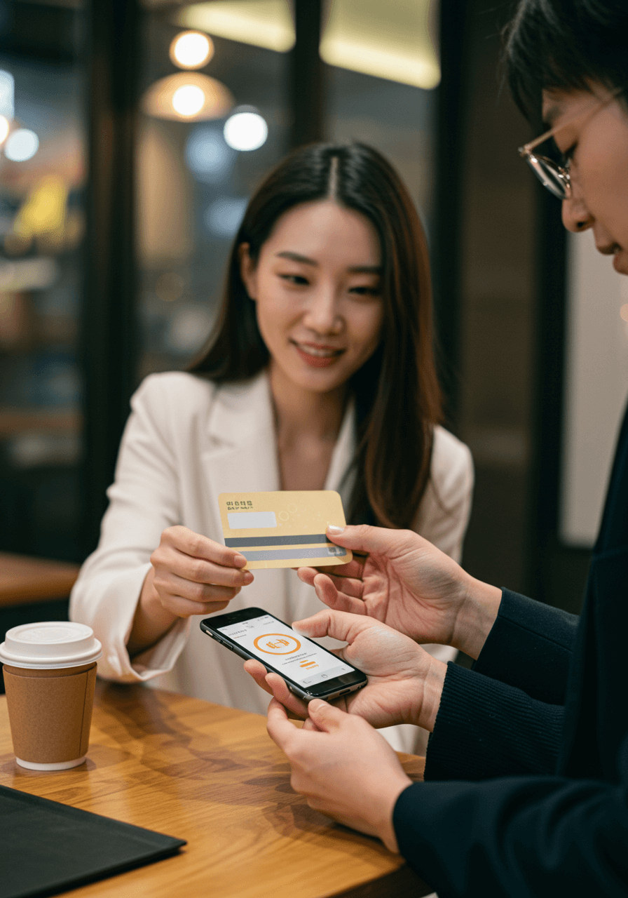 카페에서 지역화폐 카드를 이용해 스마트폰 앱으로 결제하는 30대 한국인 여성과 남성, 생활 속 지역화폐 활용 장면