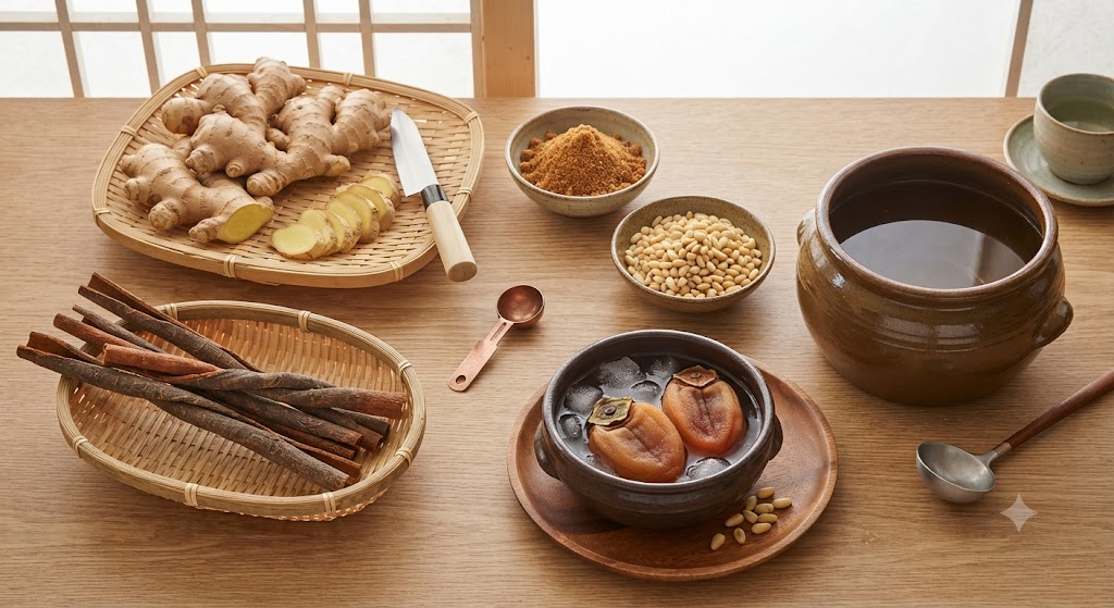 원목 테이블 위, 전통 한옥 창가 옆에서 수정과를 만들기 위한 재료들이 정갈하게 준비되어 있습니다. 대나무 채반에는 껍질을 벗긴 생강과 얇게 썬 생강 조각이 칼과 함께 놓여 있고, 다른 채반에는 긴 통계피들이 담겨 있습니다. 작은 도자기 그릇에는 갈색 설탕과 껍질을 벗긴 잣이 담겨 있으며, 큰 옹기 항아리에는 맑은 수정과 물이 가득 차 있습니다. 중앙에는 작은 얼음 조각과 불려진 곶감이 담긴 작은 옹기 그릇이 나무 받침 위에 있고, 그 옆에는 작은 구리 국자가 놓여 있습니다. 전체적으로 자연광이 드는 따뜻하고 정돈된 분위기입니다.