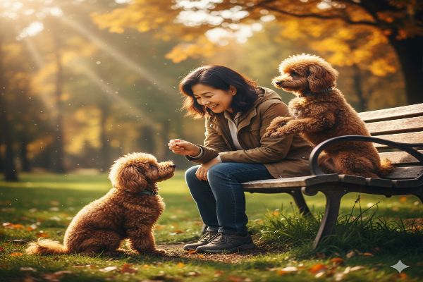 보호자와 함께 '앉아' 미션을 수행하거나, 보호자가 숨긴 간식을 찾아내는 등 상호작용하는 모습입니다. 노령견의 정서 안정과 인지 기능 유지를 위한 '마이크로 미션'을 부각합니다.