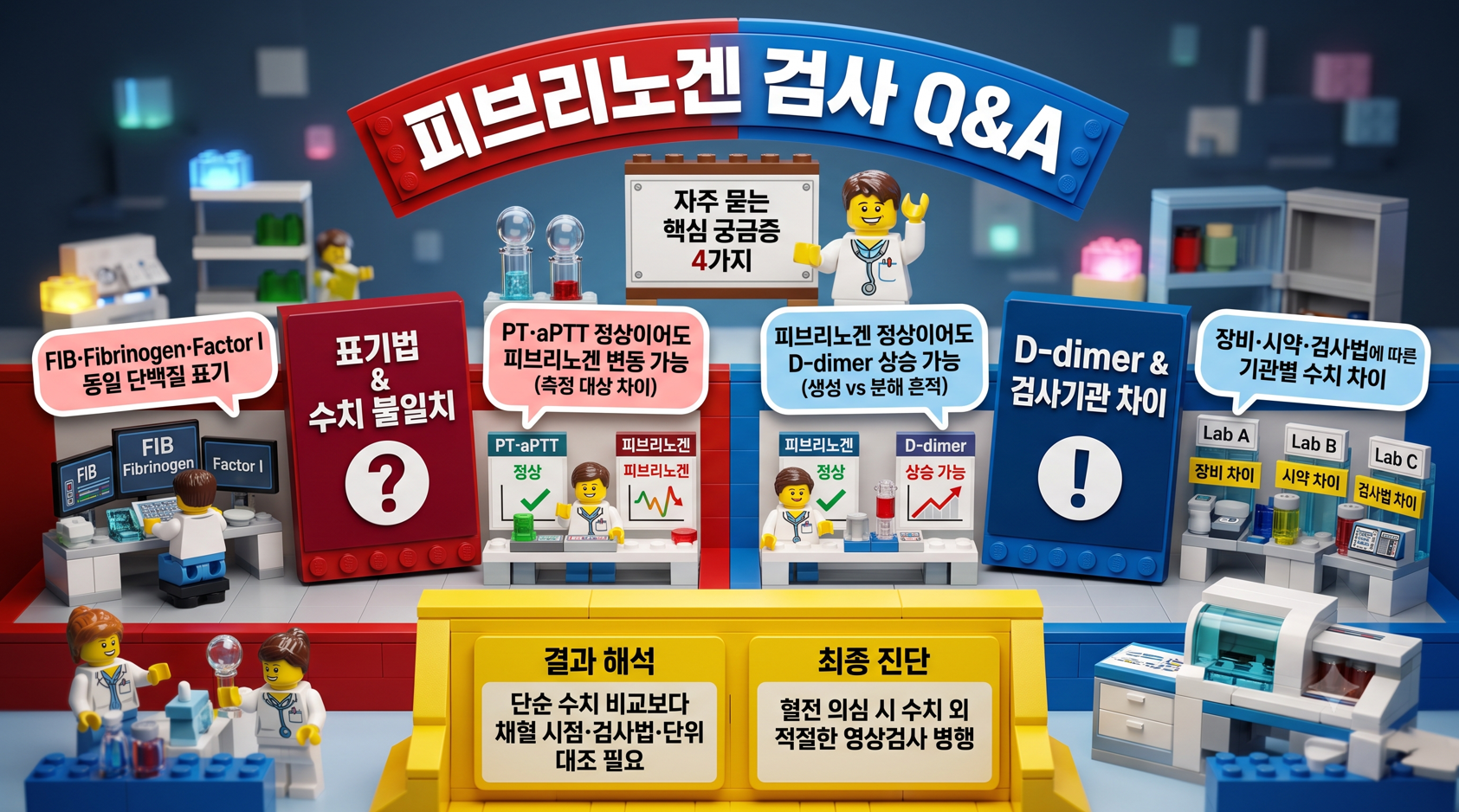 피브리노겐 검사의 표기법, 수치 불일치, D-dimer 연관성 등 주요 궁금증을 다룬 Q&A 3D 레고 인포그래픽