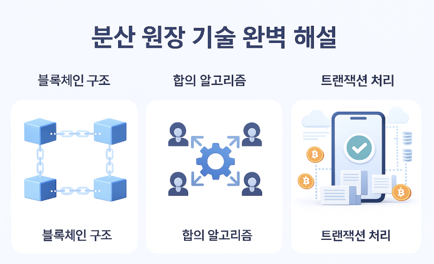 분산 원장 기술 완벽 해설’이라는 제목 아래, 블록체인 구조, 합의 알고리즘, 트랜잭션 처리라는 세 가지 주요 개념을 아이콘과 함께 시각적으로 구성한 인포그래픽. 각각의 항목은 블록, 체크리스트, 연결 네트워크 아이콘 등으로 표현되어 있으며, 전반적으로 밝은 배경에 깔끔하고 현대적인 플랫 디자인 스타일