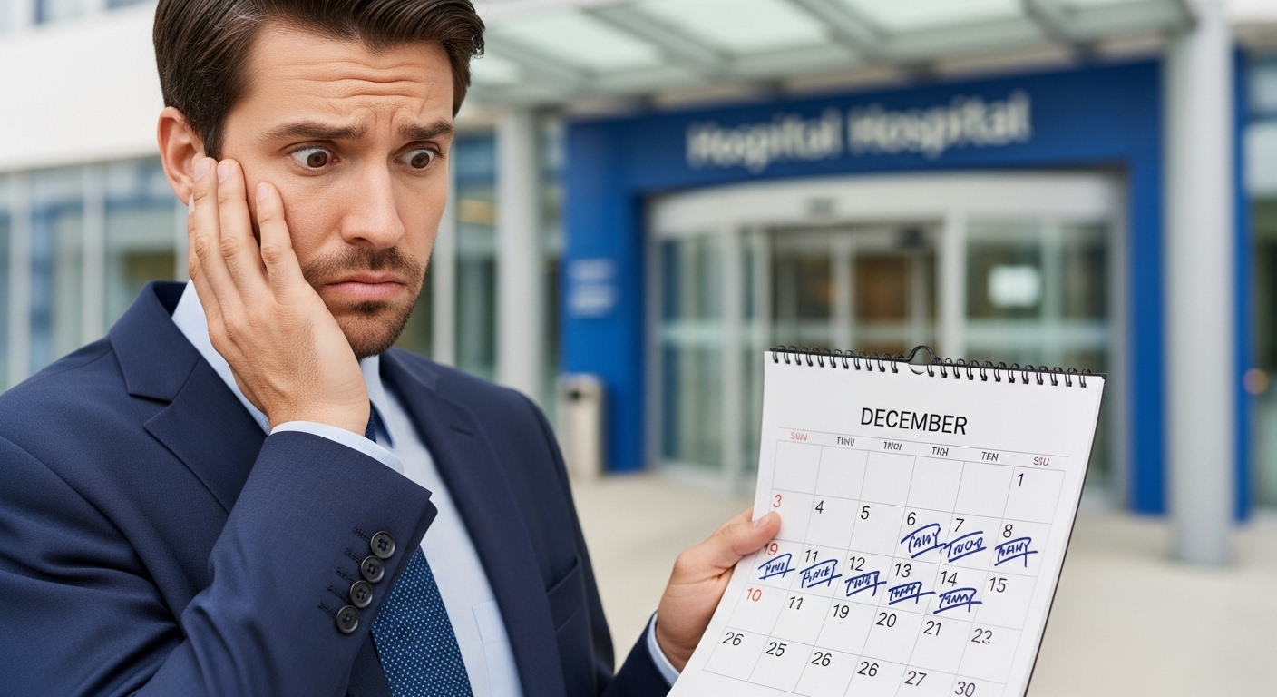 연말에 건강검진 예약이 어려워 고민하는 사람의 모습, 달력과 병원 배경.