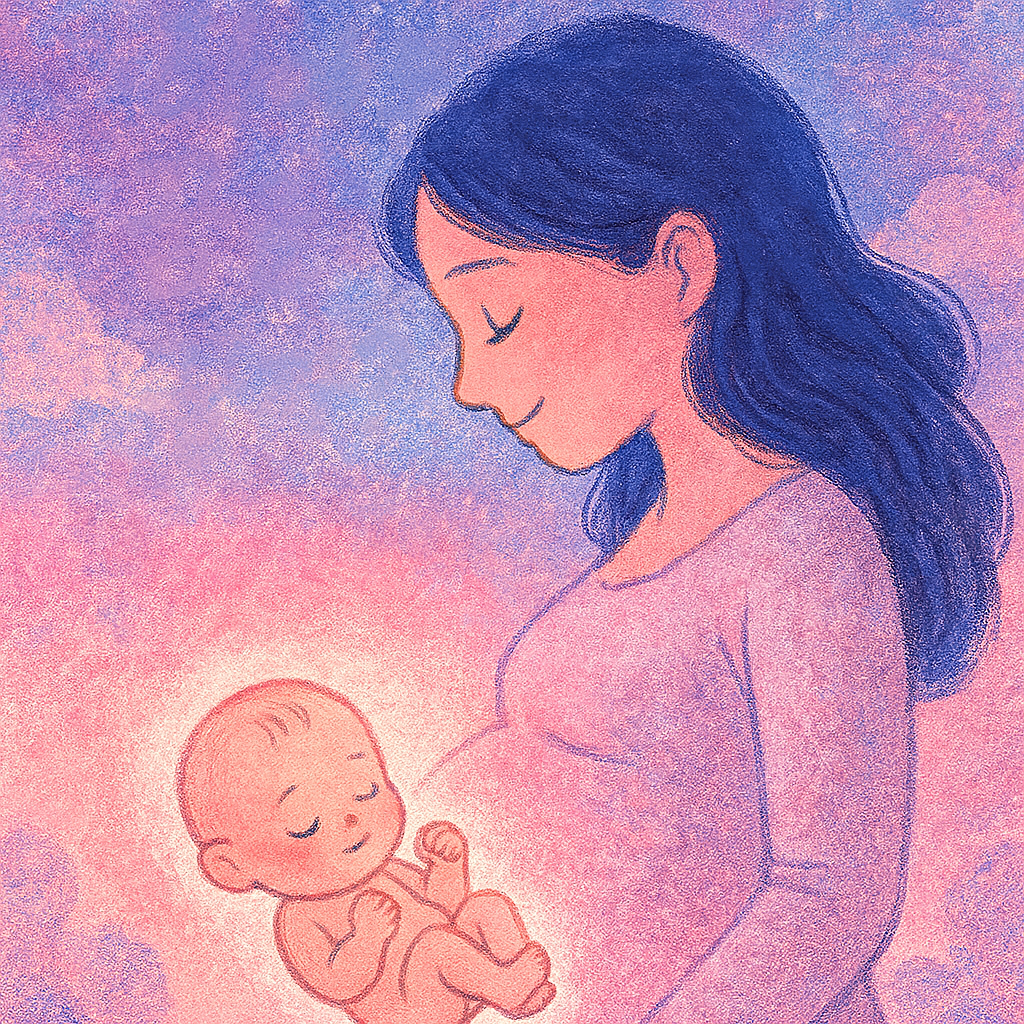 파스텔톤 일러스트, 임산부가 배를 감싸 안고 웃으며 태아와 교감하는 장면