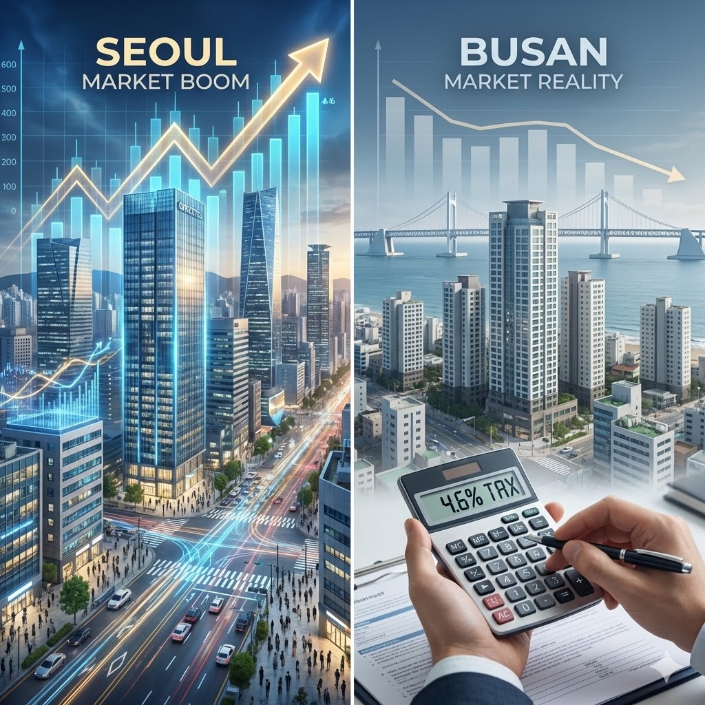 서울과 부산 오피스텔 시장의 상반된 현실을 시각적으로 비교하는 이미지. 서울은 활기찬 상승세를, 부산은 차분한 시장 상황과 함께 높은 취득세율 4.6%를 계산하는 모습이 강조되어 있습니다.
