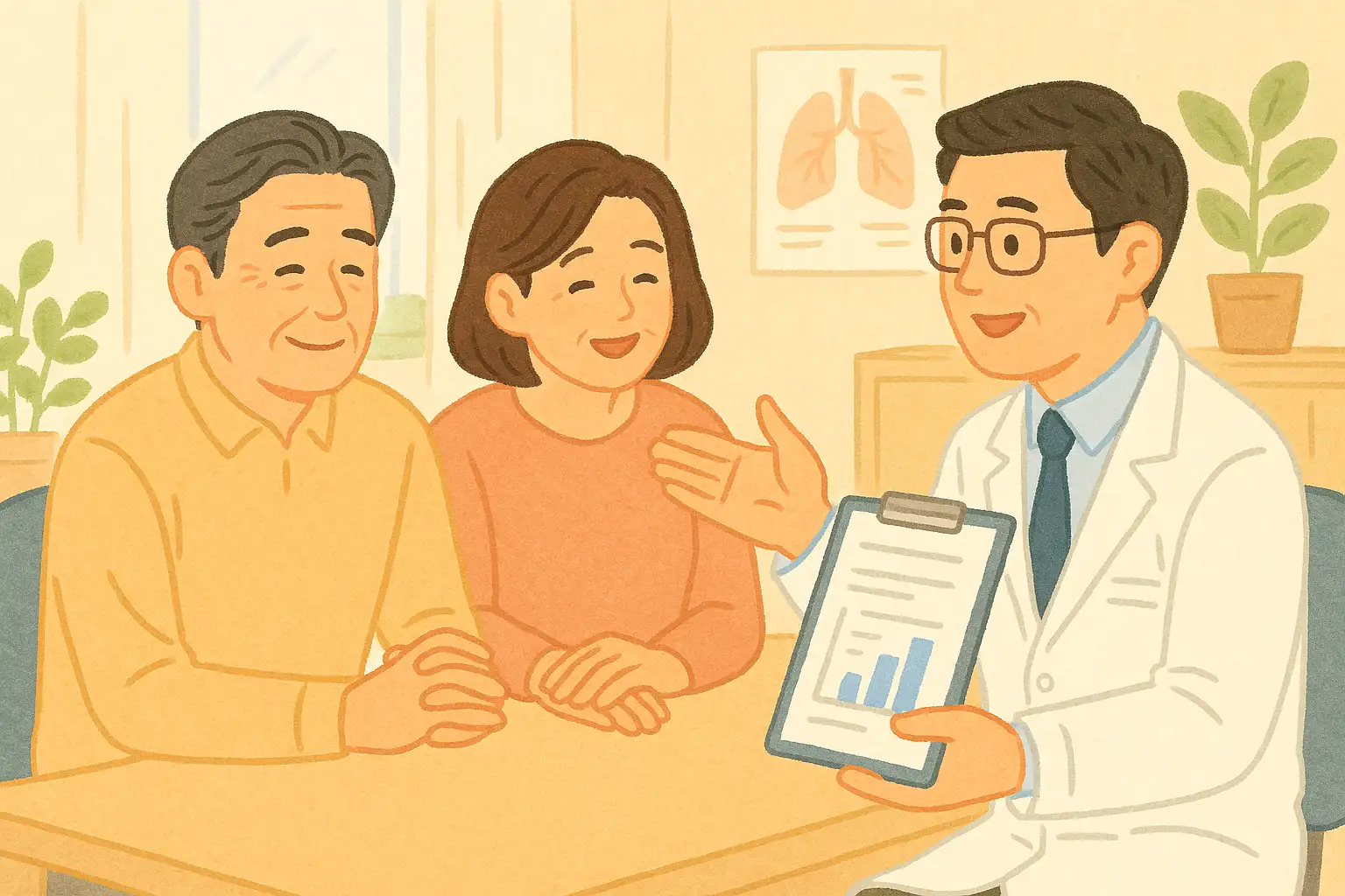 중년 부부가 병원 의사와 상담하는 따뜻한 장면