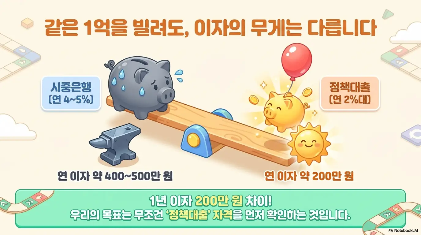 전세자금대출 금리비교: 같은 1억을 빌려도 이자의 무게는 다르다는 문구와 시소 그림이 담긴 이미지. 시중은행은 연 4~5%로 연 이자 약 400~500만 원&amp;#44; 정책대출은 연 2%대로 연 이자 약 200만 원임을 비교해 정책대출 자격을 먼저 확인하라는 전세자금대출 금리비교 핵심을 시각적으로 전달함