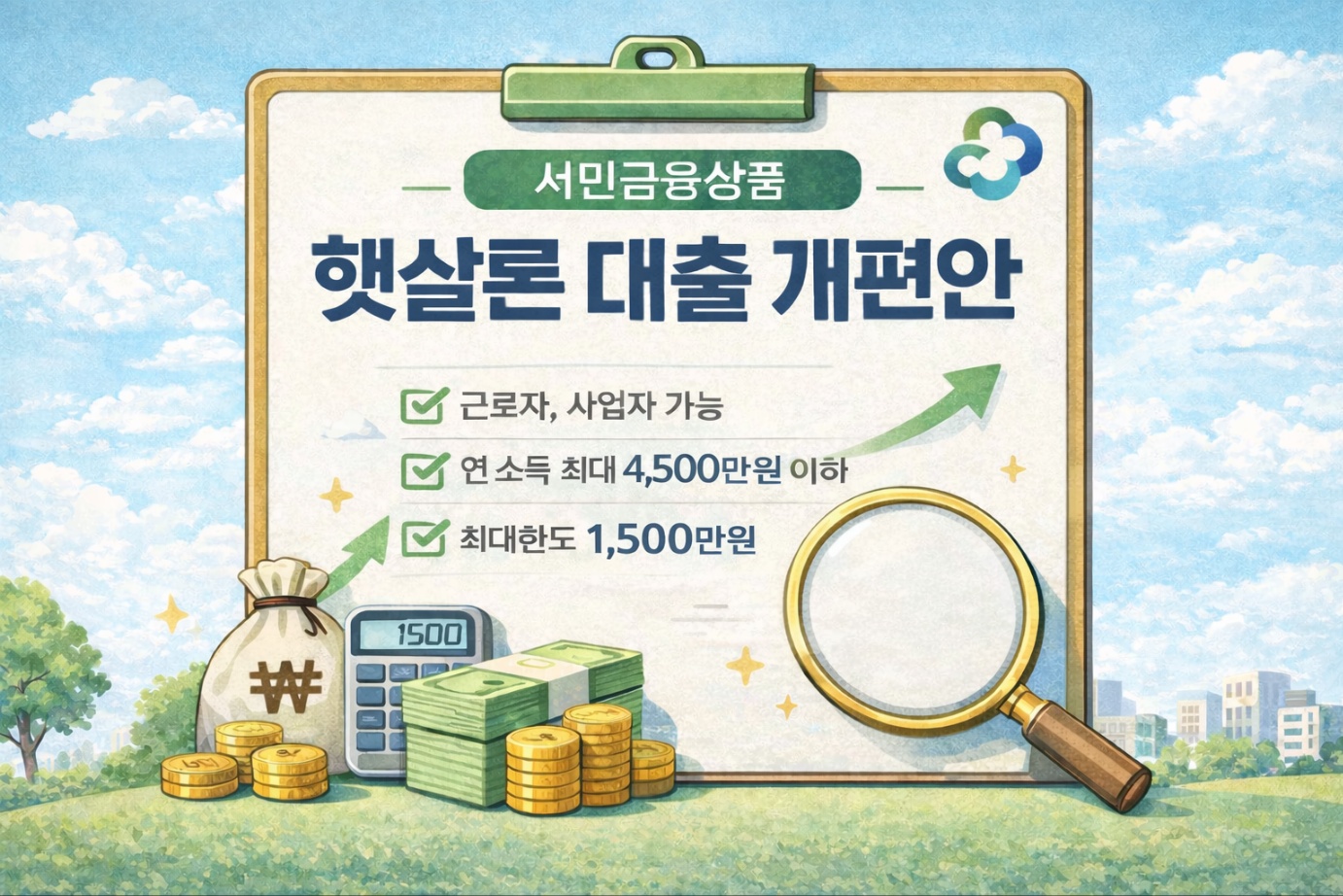 기존 근로자 햇살론과 2026년 햇살론 개편안 내용을 비교한 이미지로, 대상, 소득 기준, 대출 한도 변화와 일반보증·특례보증 통합 방향을 표 형식으로 설명한 인포그래픽