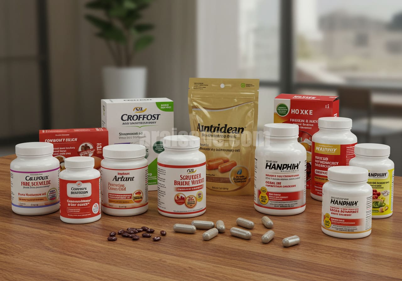 다이어트 보조제와 항산화제가 탁자 위에 나열된 리얼한 이미지
