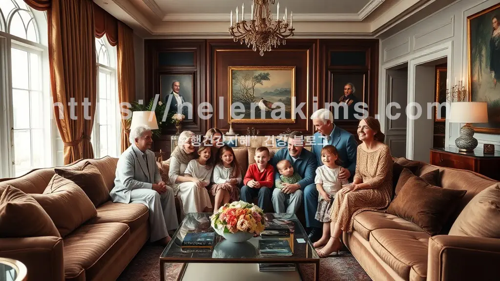 100세 시대를 상징하는 다양한 연령대의 사람들이 따뜻한 집에서 평온하고 행복하게 웃는 모습.