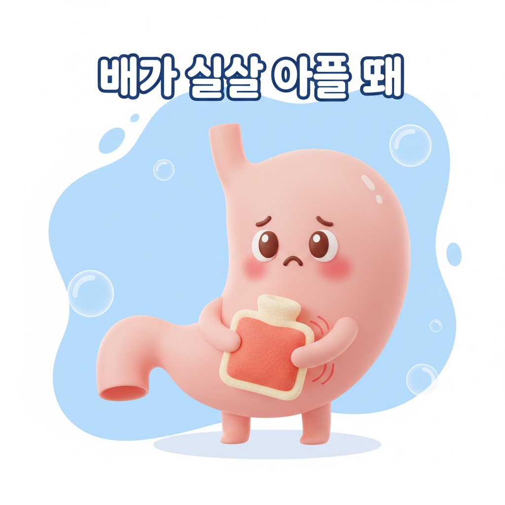 배가 살살 아파서 따뜻한 찜질팩을 안고 있는 귀여운 위 캐릭터, 편안하고 이해심 있는 분위기를 표현한 3D 카툰 일러스트.