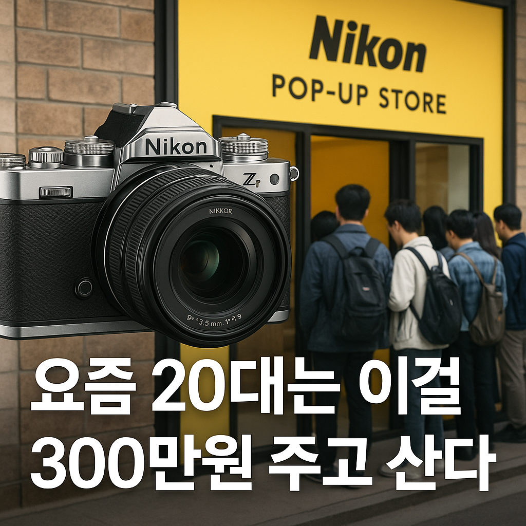 &ldquo;니콘 Zf 카메라와 팝업스토어에서 줄 서는 20대 방문객들 이미지&rdquo;