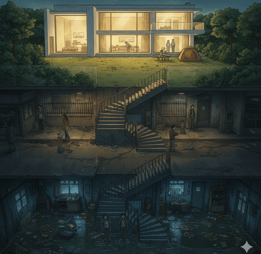 영화 기생충 속 반지하의 눅눅한 풍경과 화려한 대저택의 대비를 보여주는 일러스트