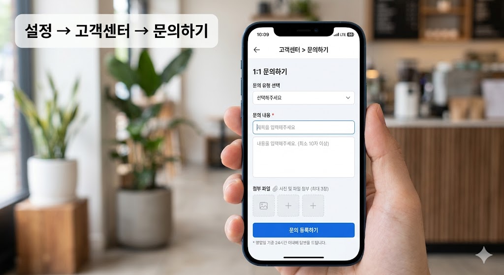 설정 &rarr; 고객센터 &rarr; 문의하기 화면