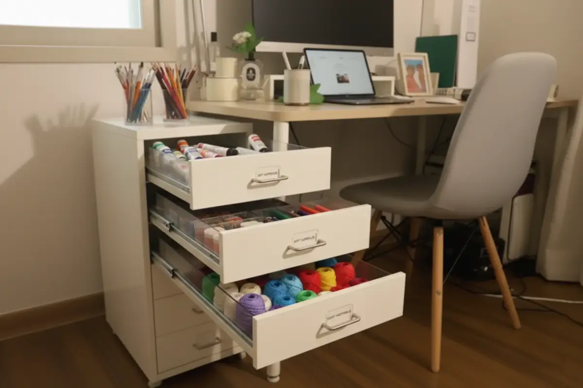 헬메르 서랍장을 활용하여 미술 및 취미 도구를 분류 정리한 라이브러리