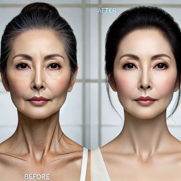 50대 중후반 동양 여성의 풀페이스 안면거상술 전후 비교 이미지. 왼쪽 '시술 전' 얼굴은 눈가와 팔자주름, 턱선 및 목선에 노화의 흔적이 보이며, 오른쪽 '시술 후'는 전반적으로 리프팅되어 얼굴선이 또렷하고 탄력이 회복된 모습이다.