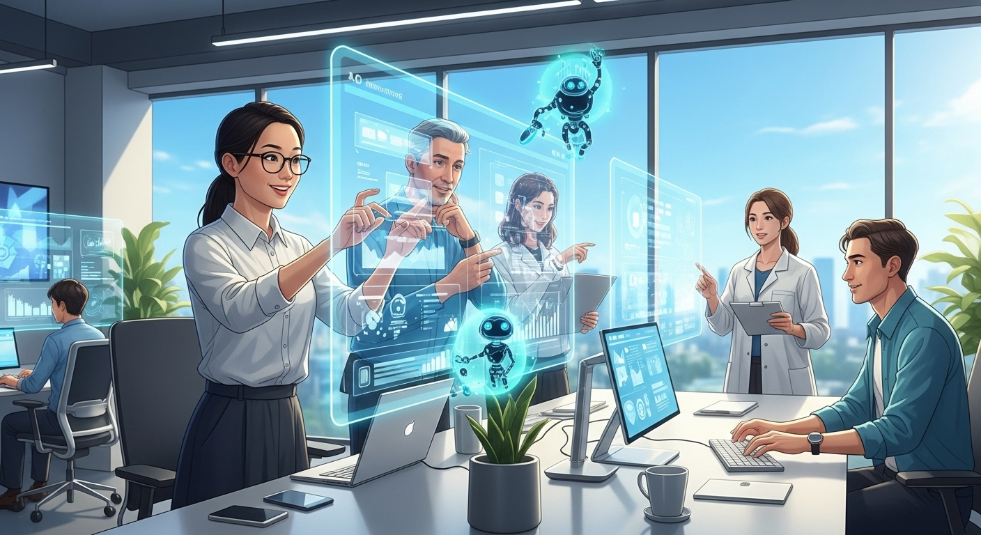 다양한 전문가들이 함께 디지털 화면에서 AI 워크플로우를 구축하며, 홀로그램 AI 에이전트가 자동화를 돕는 미래형 업무 공간의 장면