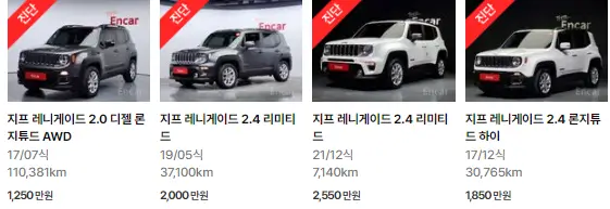 지프 레니게이드 (15년 ~ 현재) 중고차 가격