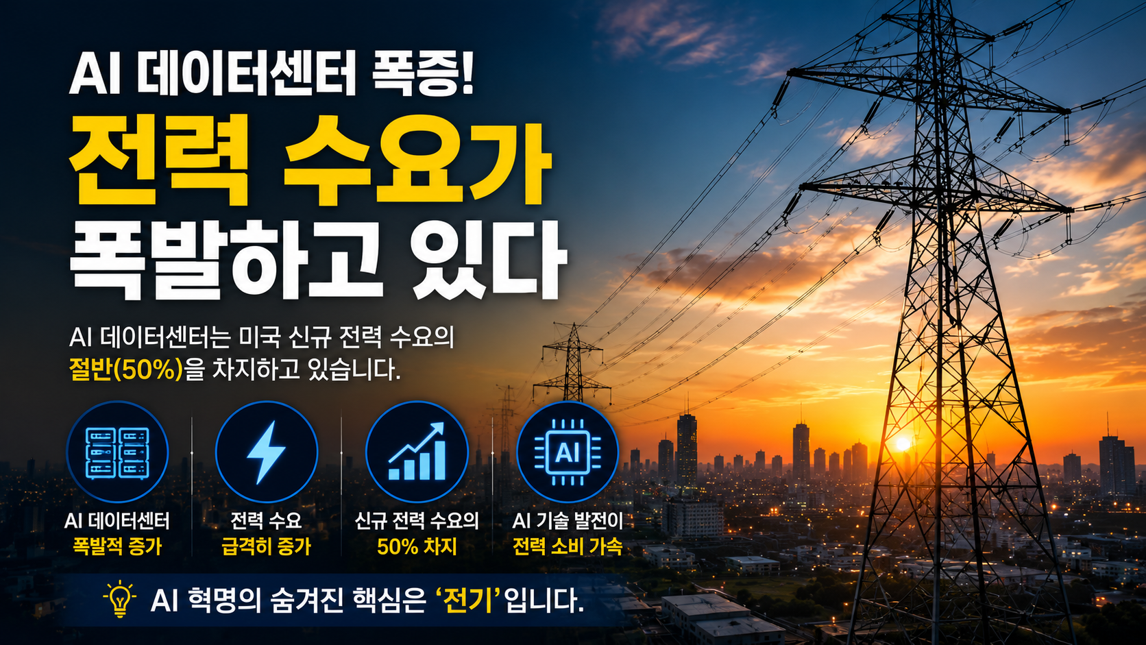 송전탑과 도시 야경으로 표현한 AI 시대 전력 수요 증가 이미지