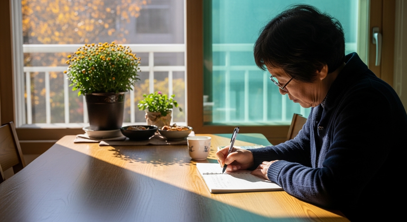 가을 햇살 속 식탁 위에서 노트를 쓰는 시니어의 따뜻한 오후 장면