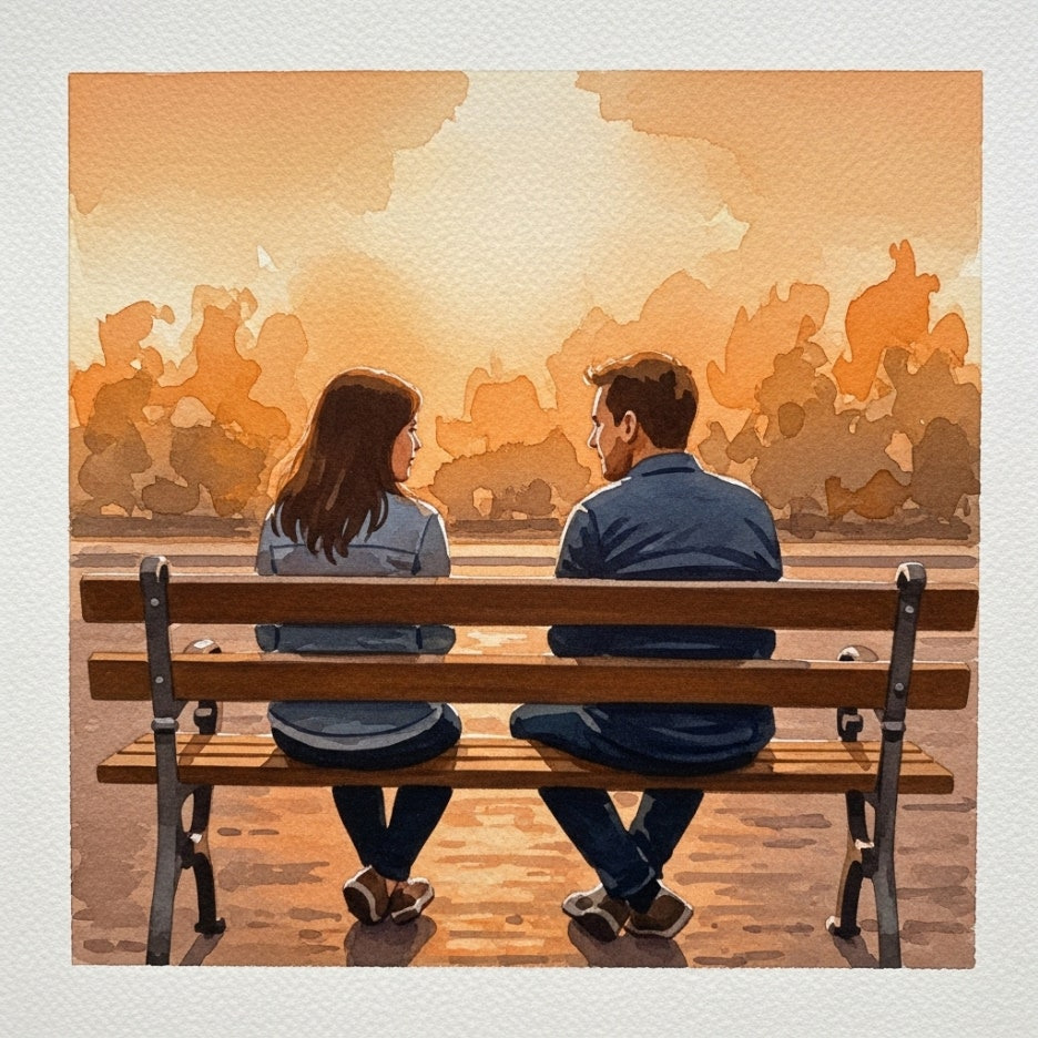 노을 아래 벤치에 앉아 대화하는 두 사람