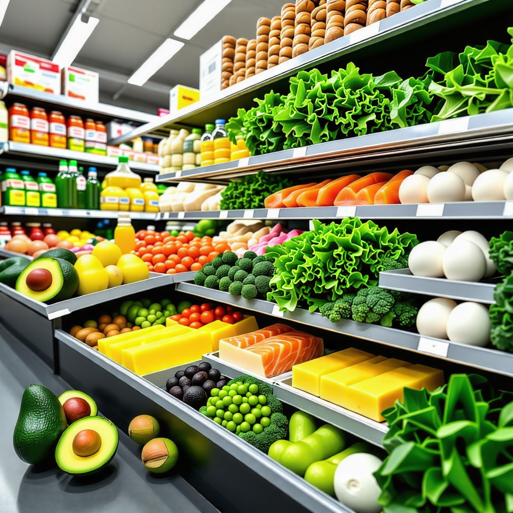 마트에서 쉽게 구하는 저탄고지 필수 식품 표현한 이미지