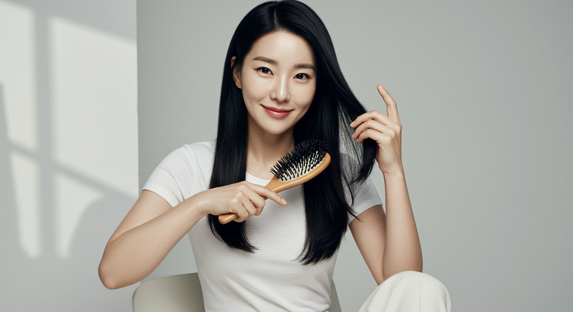 잔머리 정리하고 있는 여성 이미지