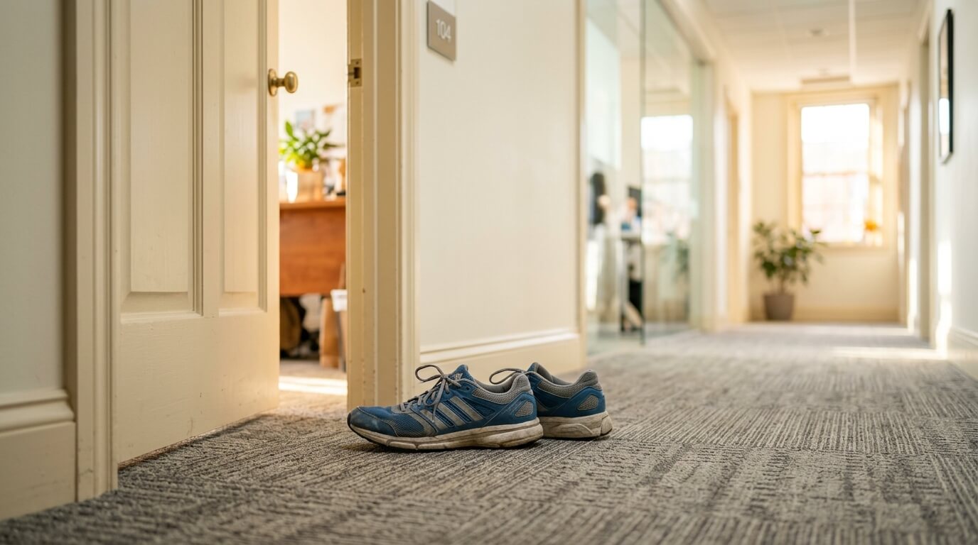 식사 후 가벼운 산책을 위해 사무실 문 앞에 놓인 운동화, 식곤증 줄이는 산책 습관