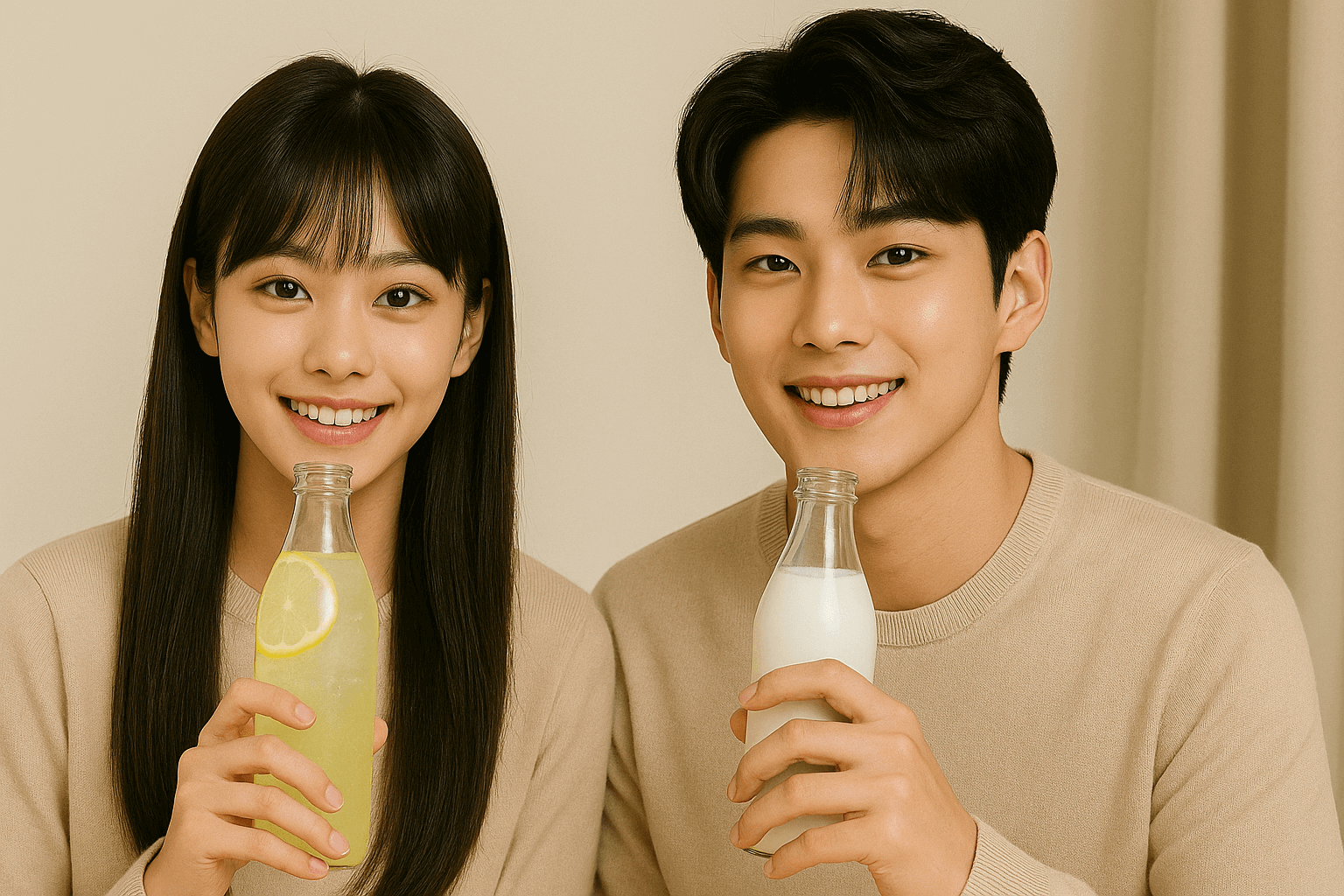 건강음료를 마시는 연인사진