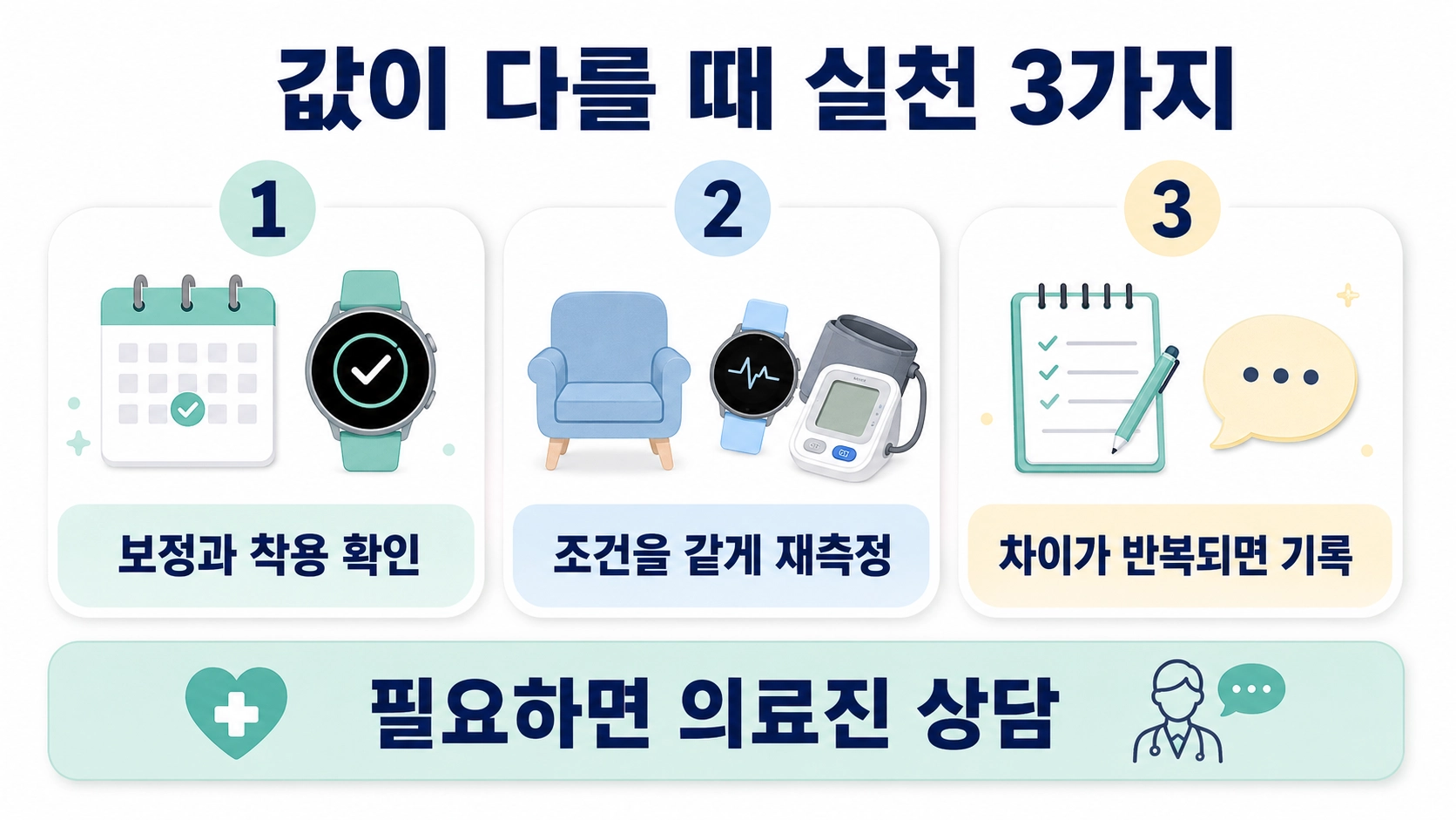워치 보정과 착용을 확인하고 같은 조건에서 재측정한 뒤 차이가 반복되면 기록하는 실천 방법