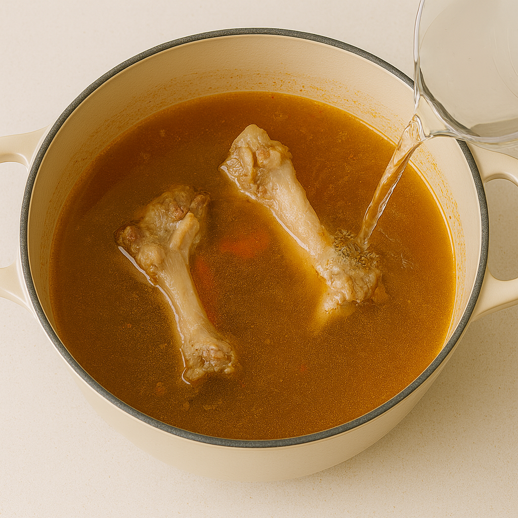 육수 내기: 족발 뼈와 물을 넣고 끓여 국물 맛을 우려냅니다.