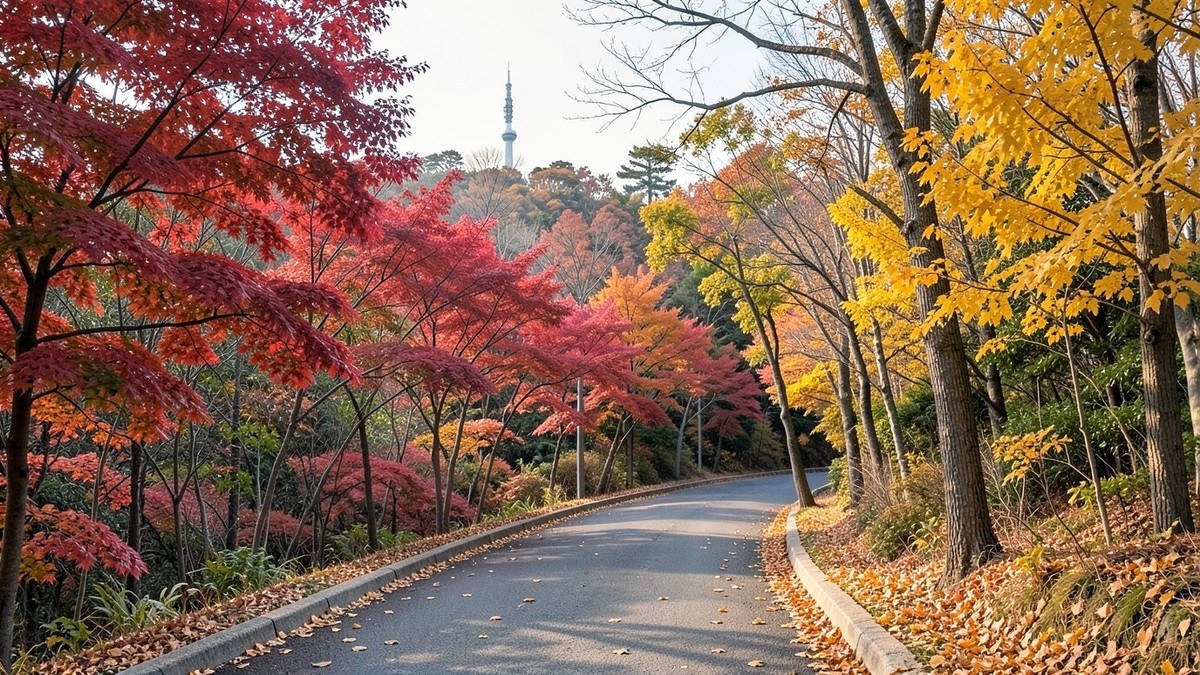 Illustrative image (AI-generated): an autumn walking path on Namsan in Seoul with a tower above the trees