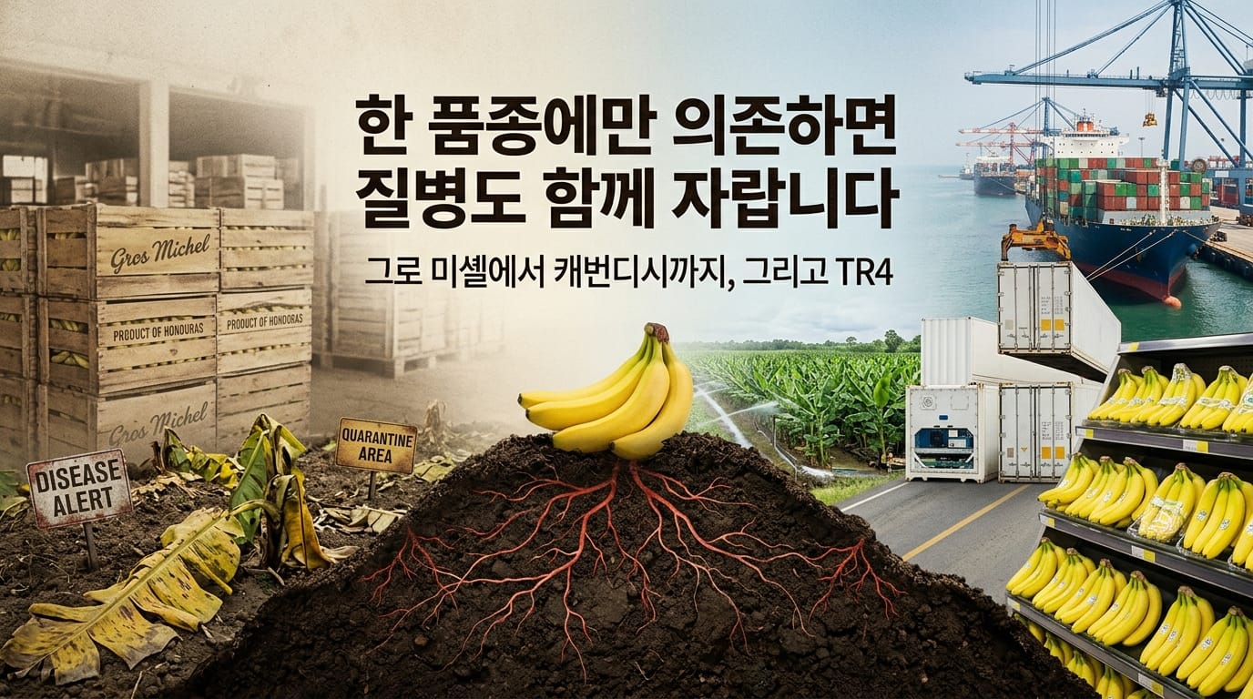 그로 미셸의 몰락 역사와 캐번디시 바나나의 TR4 공급망 리스크 도식화