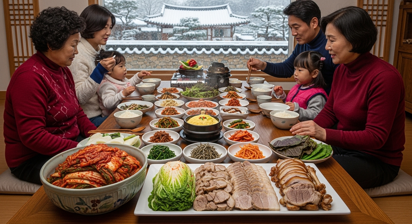 절임배추로 김장하고 온가족이 식사하는 모습
