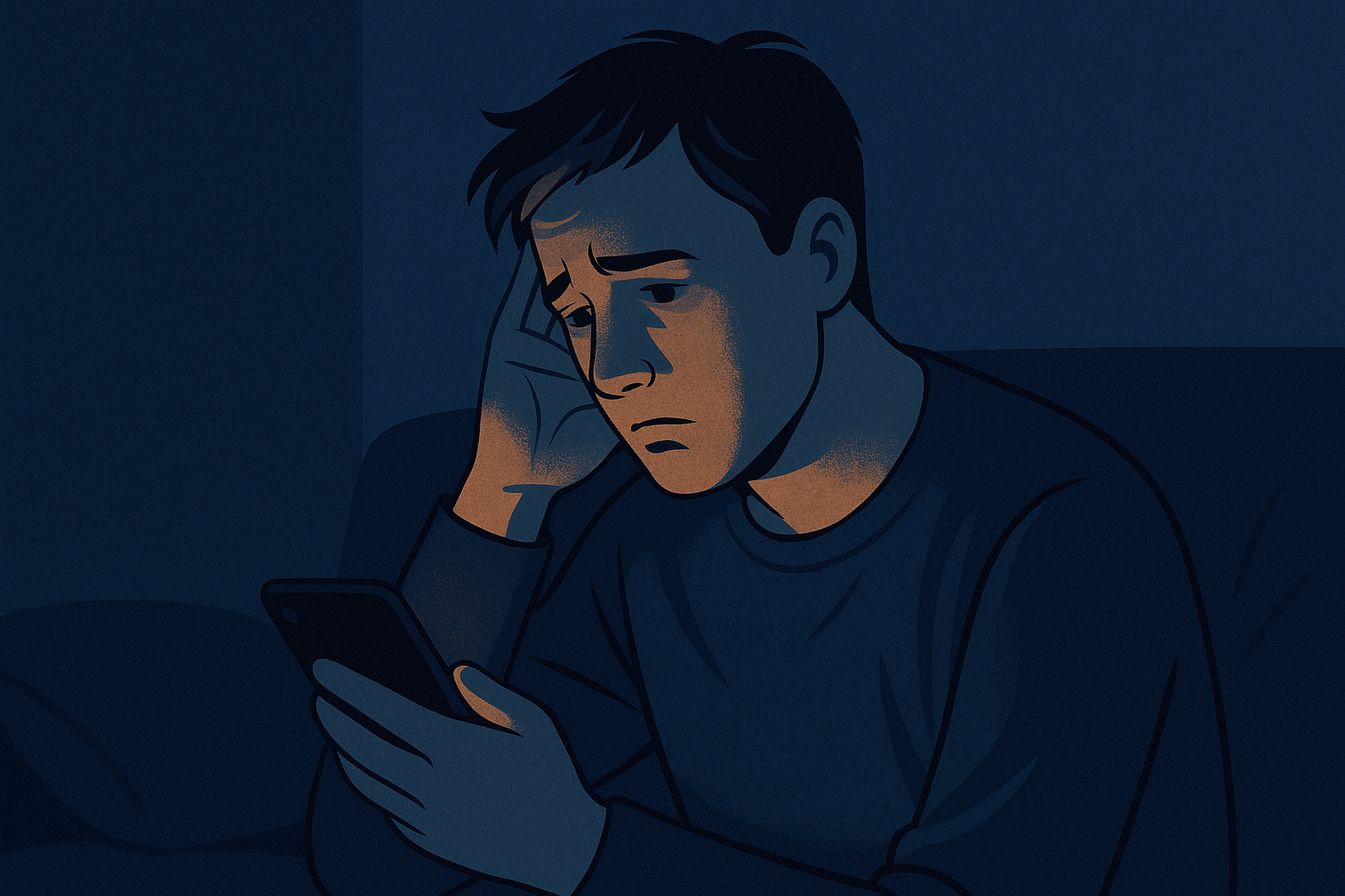 겉으로는 평온한 표정이지만 뒤에 그림자 형태로 불안과 죄책감을 드러내는 남성의 일러스트