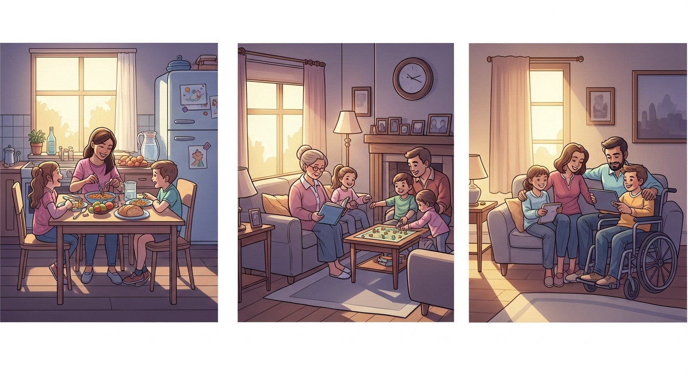 다양한 가족 구성원이 집에서 편안하게 지내는 모습, 도시가스 경감 제도로 얻는 행복을 상징.