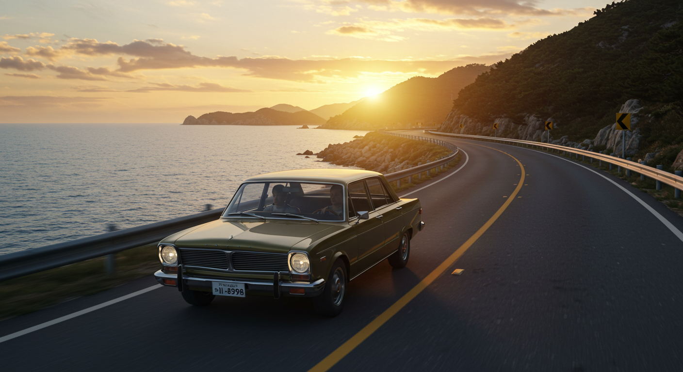 강원도 해안도로를 따라 노을 속을 달리는 감성 로드트립 차량