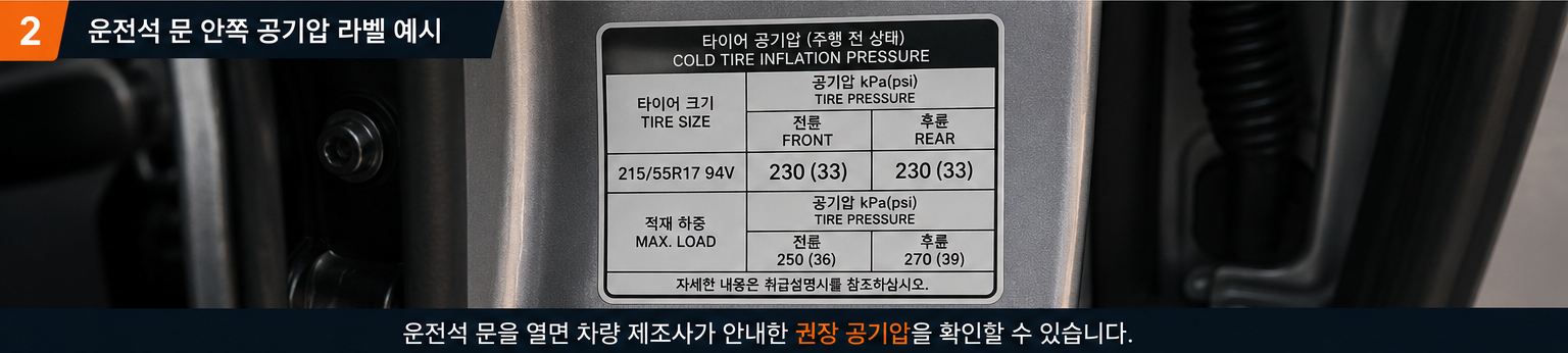 운전석 문 안쪽 자동차 타이어 공기압 라벨 예시