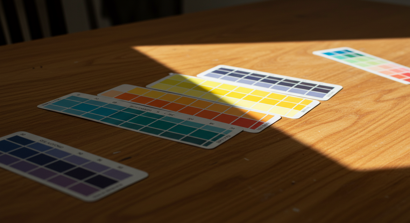 따뜻한 빛 아래에서 컬러칩들이 나열된 모습으로, 유사색과 보색, 반대색의 시각적 비교를 도와줍니다.