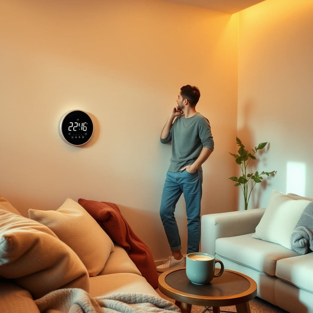 사람이 편안하고 쾌적하게 느껴지는 실내에서 온도 조절기를 24~26℃ 정도로 설정하는 모습. 따뜻하고 안정적인 색감으로 편안함을 표현합니다.