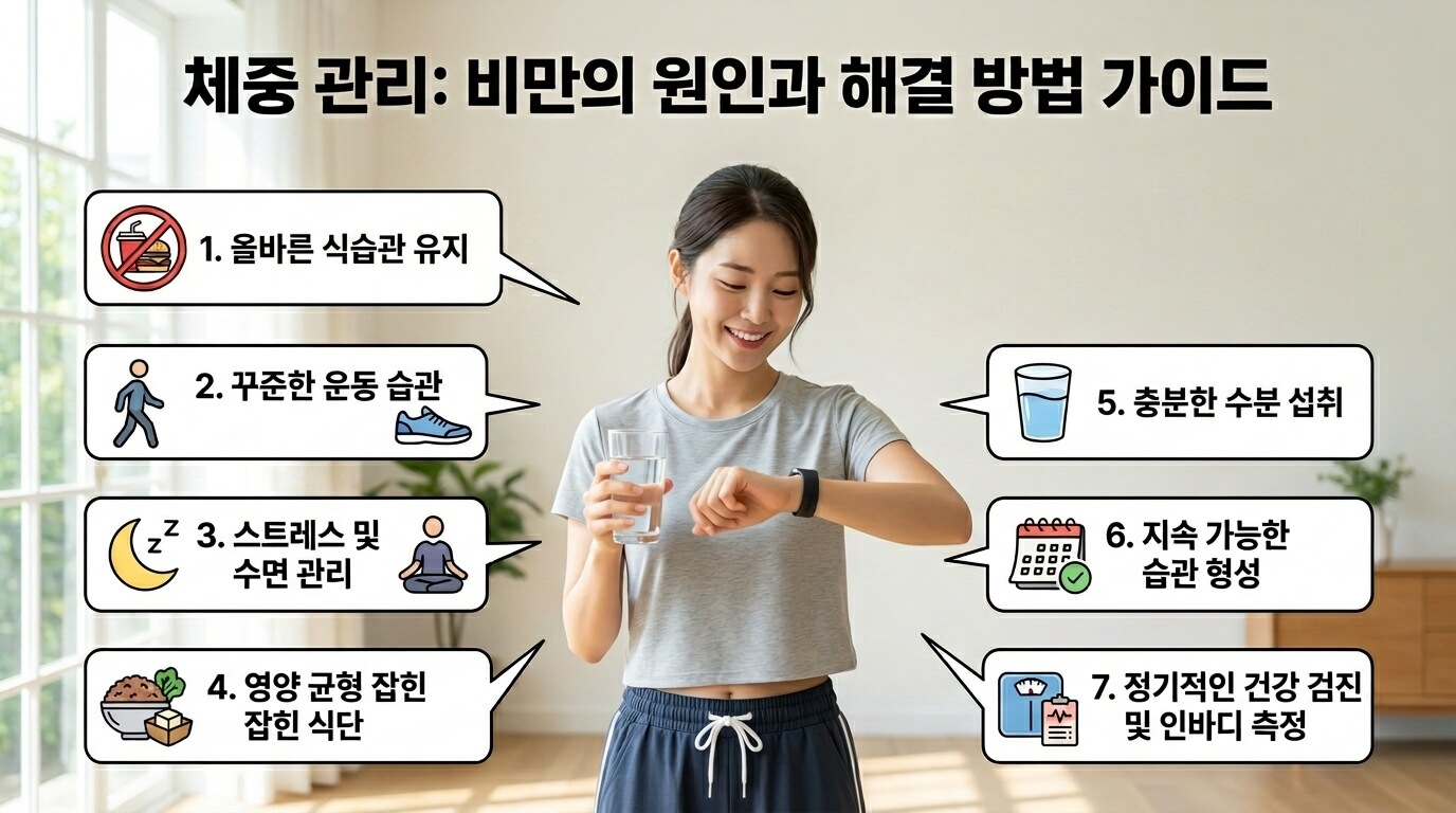 건강한 체중 관리를 통한 비만 해결 방법 요약 이미지