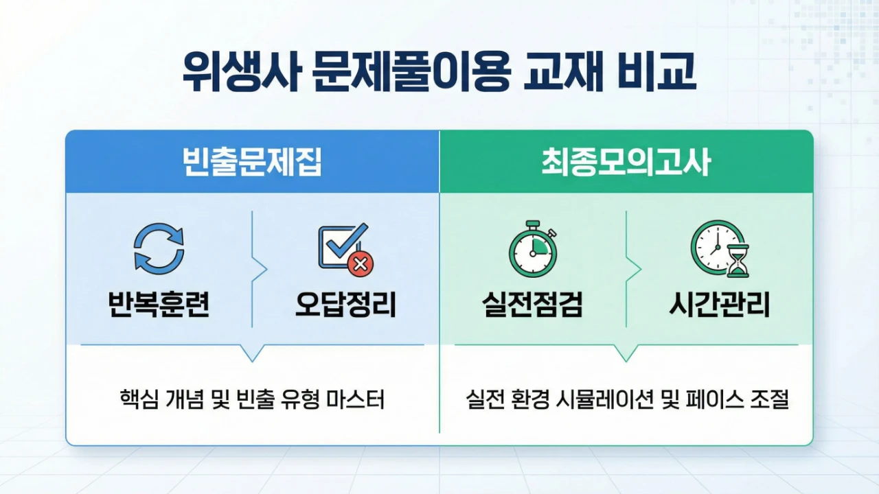 위생사 문제풀이용 교재와 모의고사형 교재를 비교한 이미지