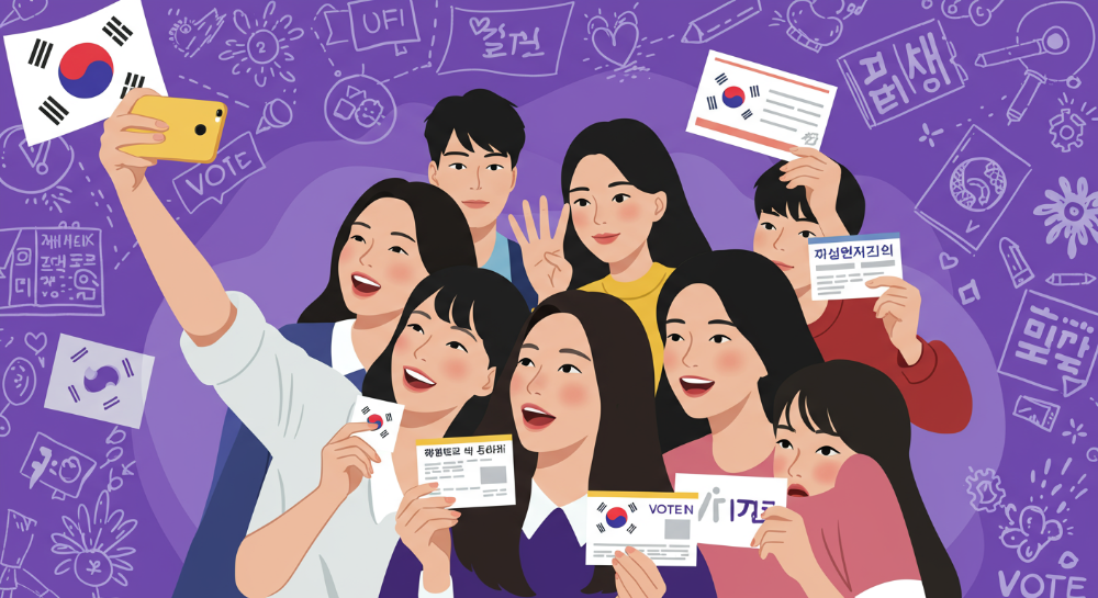 2025년 트렌드를 담은 MZ세대의 투표 인증샷. 손수 꾸민 듯한 아날로그 감성 투표 용지와 AI 기술이 결합된 디자인. 퍼플-옐로우 톤의 맥시멀리즘 스타일로 활기찬 정치 참여를 보여줌.