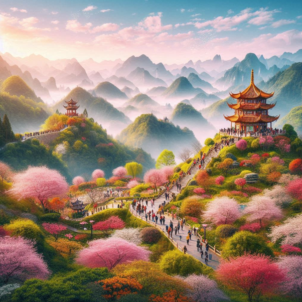 관광지에서 봄 꽃을 즐기는 사람들