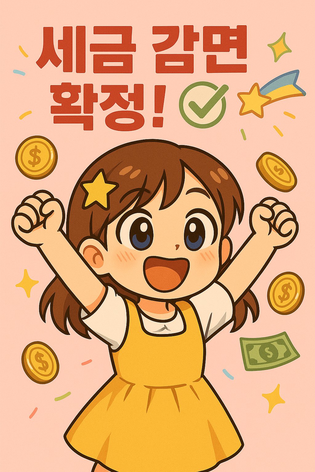 세금 감면 확정 문구와 기뻐하는 헤롱이 캐릭터 일러스트