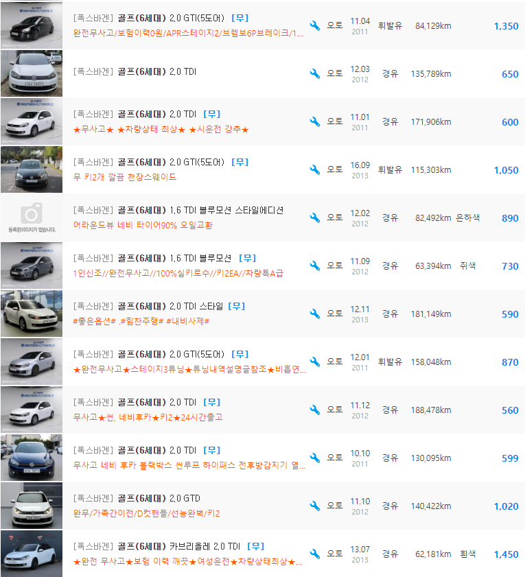 골프 6세대 등급 중고차 가격 : 479만원 ~ 1,450만원